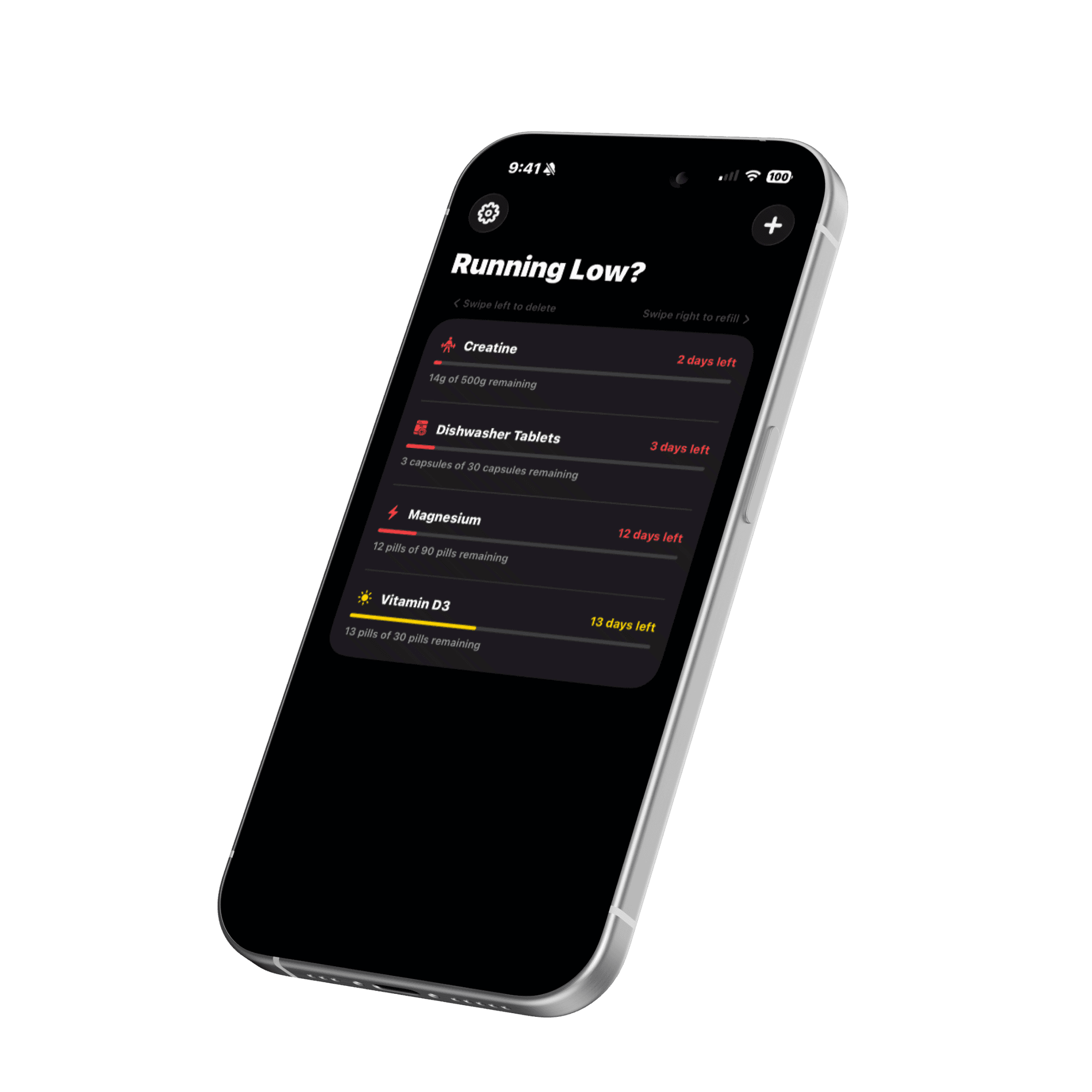RunningLow? inventory tracker app on iPhone showing supply countdown for vitamins, dishwasher tablets, and supplements